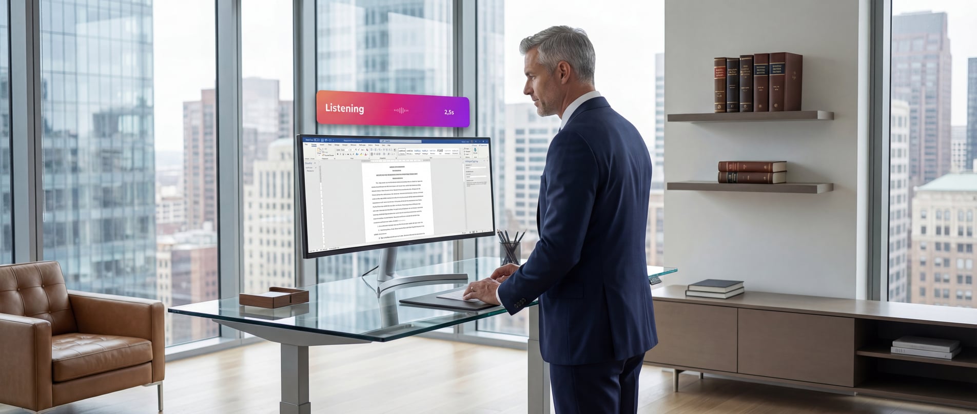 Advocaat dicteert in modern kantoor met stadsuitzicht