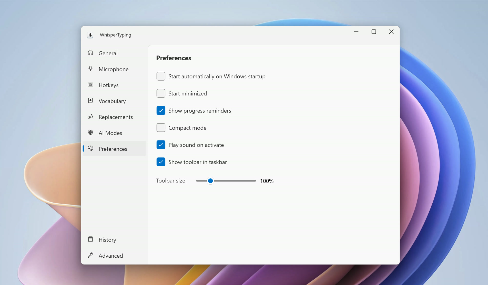 Preferences instellingenpagina met opstart- en weergave-opties